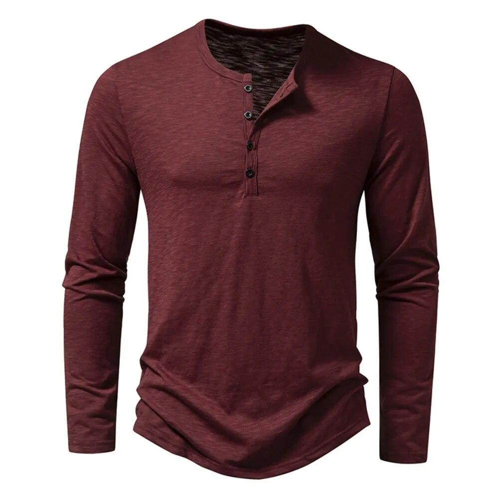 Мужская рубашка-henley с пуговицами, длинный рукав, повседневная, однотонная, с пуговицами