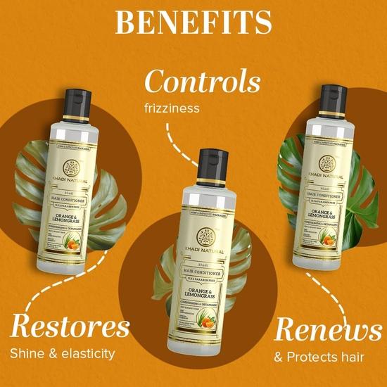 KHADI NATURAL Травяной кондиционер для волос с апельсином и лемонграссом|Травяной кондиционер для пушистых волос|Кондиционер для восстановления поврежденных волос - 210 мл