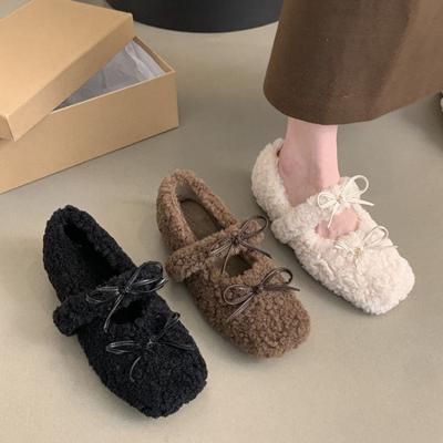 Модные женские теплые короткие туфли Мэри Джейн с плюшевой подкладкой, новые женские мокасины 2024 года, модные туфли на плоской подошве с двойным бантом и внутренним подъемом