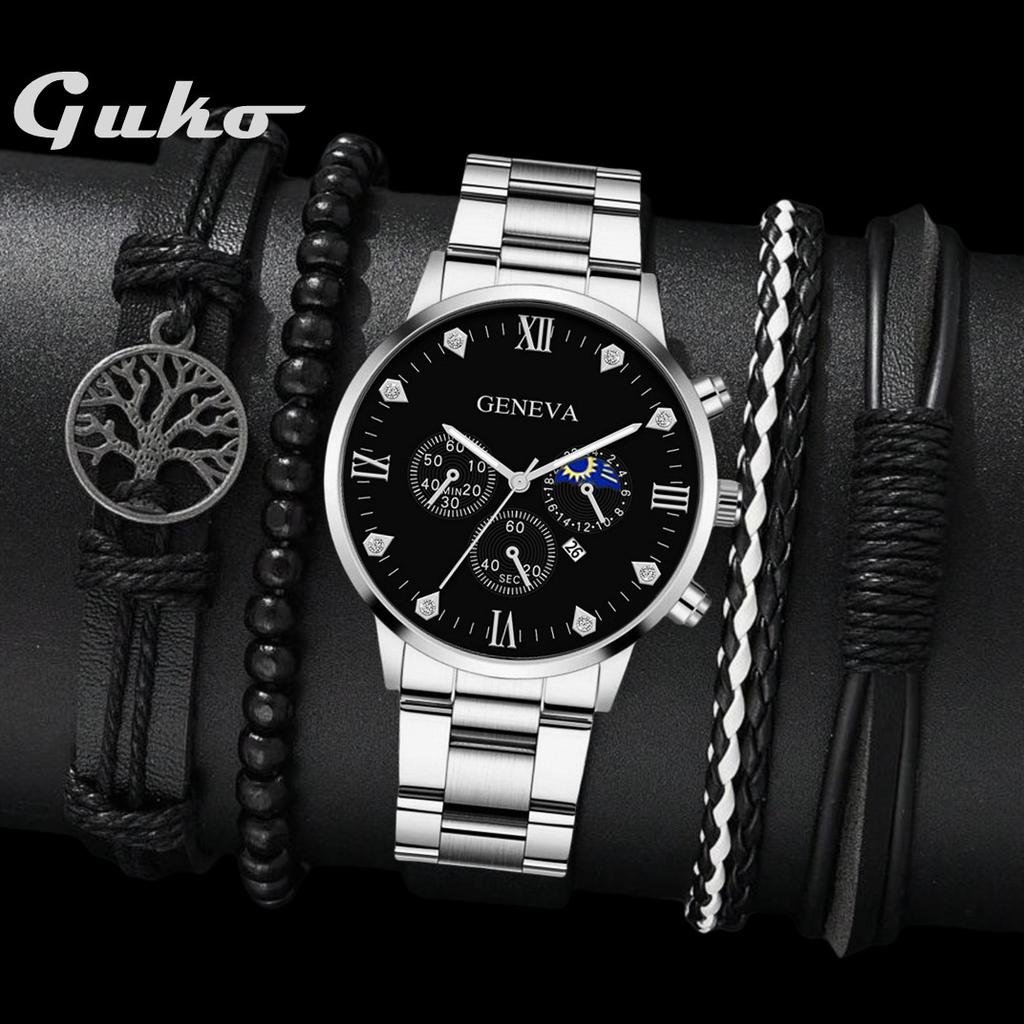 Diamond-Encrusted Men'S Steel Belt False Three-Eye Calendar Roman Scale Men'S Versatile Jewelry + Wrist Watch