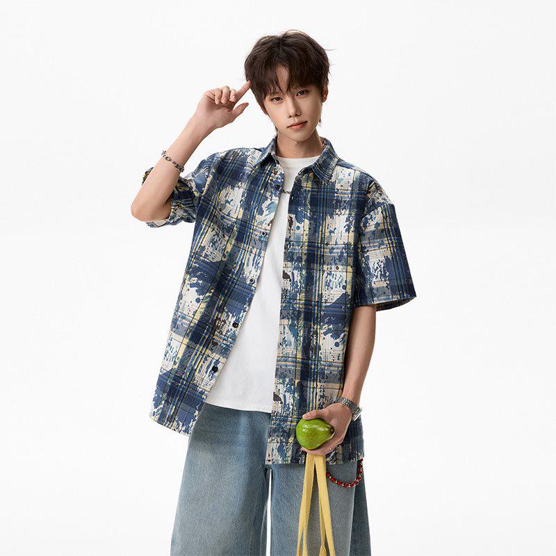 Мужская летняя рубашка с коротким рукавом в стиле тай-дай и color block - Свободный повседневный топ в гонконгском стиле