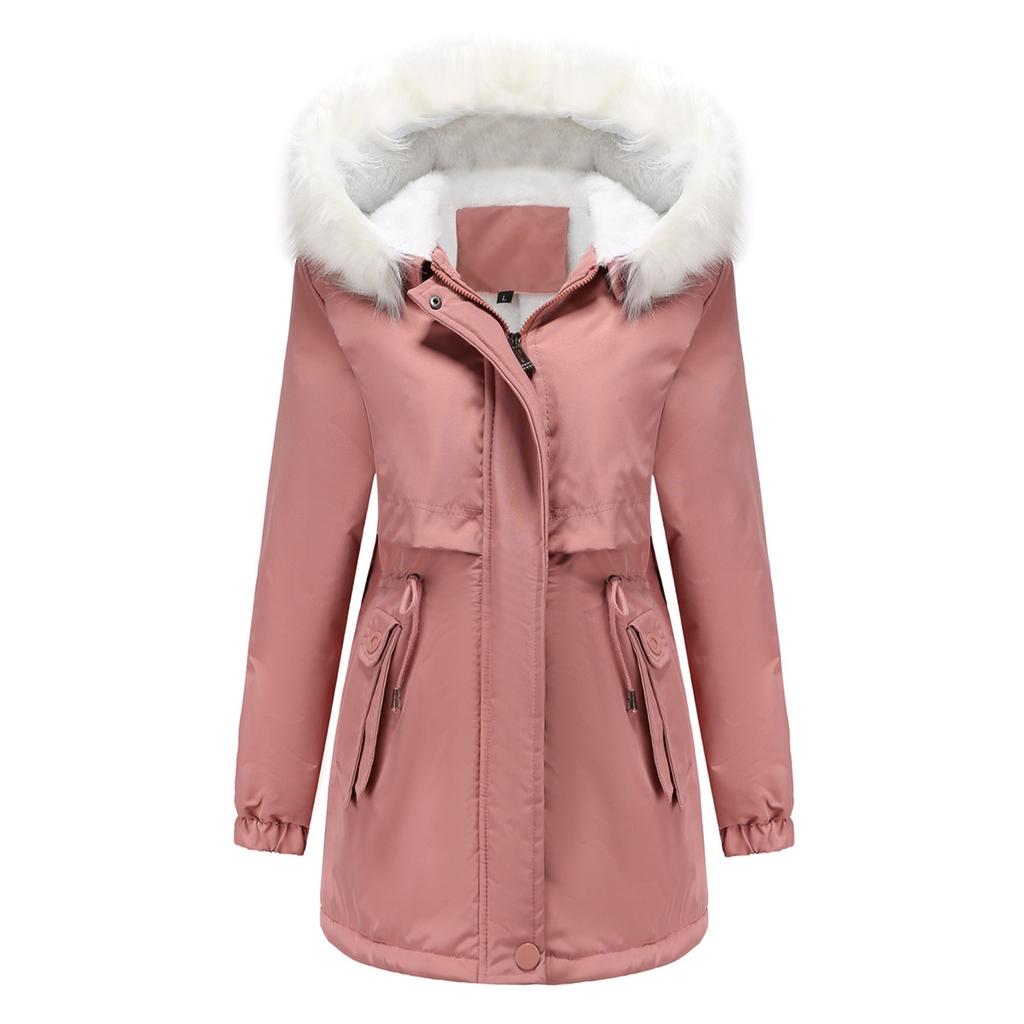 Women's Solid Color Hooded Warm Detachable Wool Collar Long Sleeved Cotton Jacket