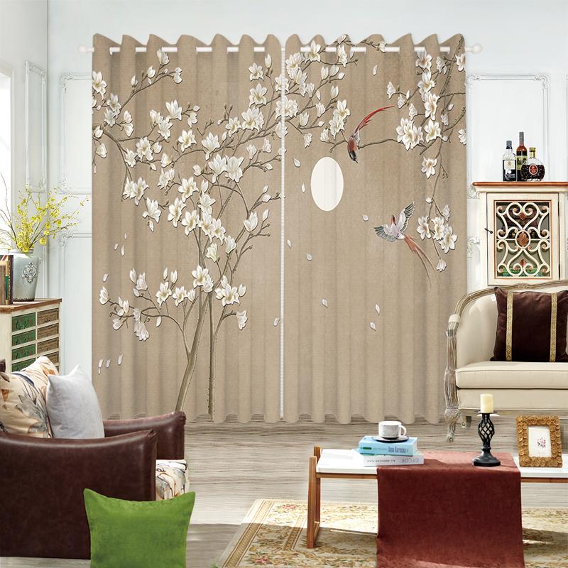 2-панельная китайская занавеска с рисунком дерева, луны, цветов, бабочек, птиц, занавеска для спальни, гостиной, окна от пола до потолка