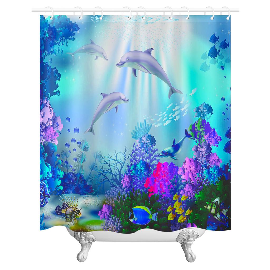 Underwater Dolphin Shower Curtain Marine Life World Travel Sea Diving Ocean Print Bathroom Decor Set with 12 Hooks Waterproof