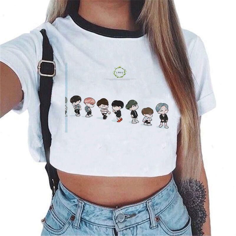 Женский топ с коротким рукавом K-pop BTS Bangtan Boys с милым рисунком, идеально подходит для лета