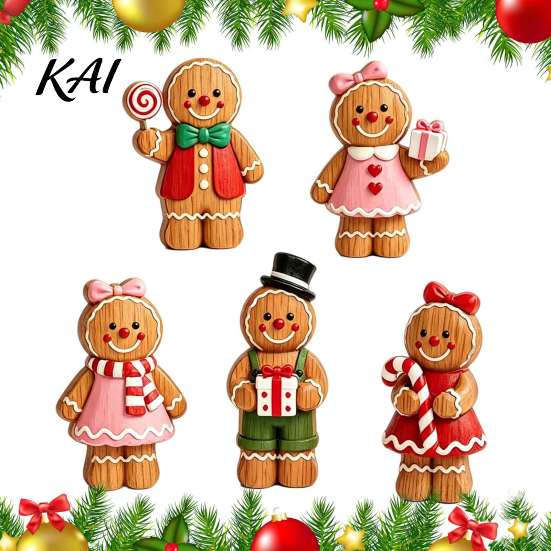 Holiday Gift for Kids Cartoon Gingerbread Wooden Ornament, Double-sided Printed Desktop Tabletop Figurines, Decorative Signs Craft Home And