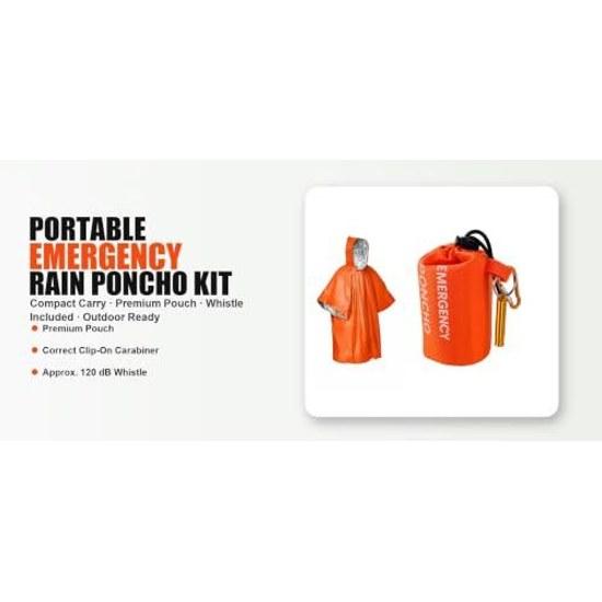 Emergency rain poncho kit waterproof hooded raincoat portable cover pouch whistle carabiner camping hiking.