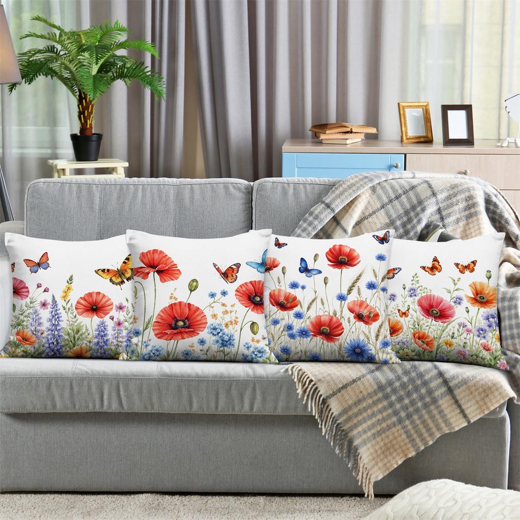 Poppy Flower Butterfly Garden Flowers Printing Pillow Cover Short Plush Suitable Living Rooms Bedrooms Sofas Throw Cushion Cover