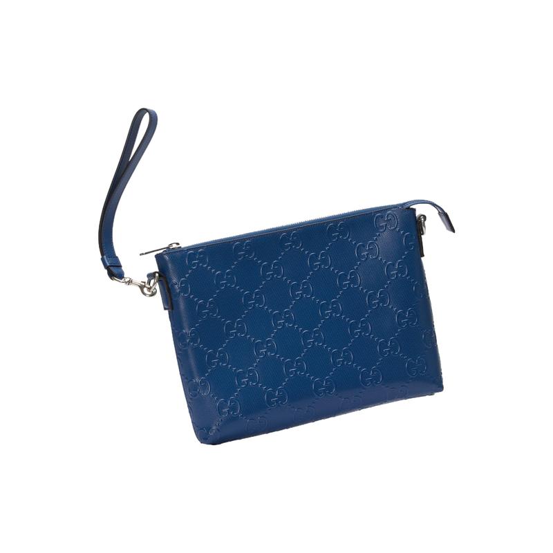 Gucci GG printed embossed zipper closure leather messenger bag clutch medium size men's blue
