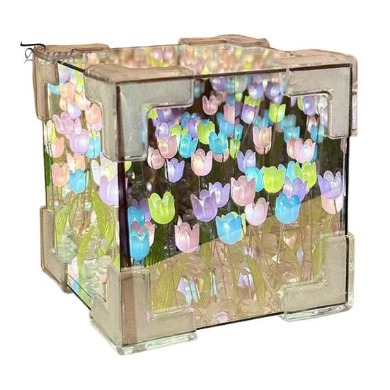 Handmade DIY Tulips Cube Mirror Lamp Soft Glow Easy To Install Romantic Tulips Flower Night Light Desktop Decoration