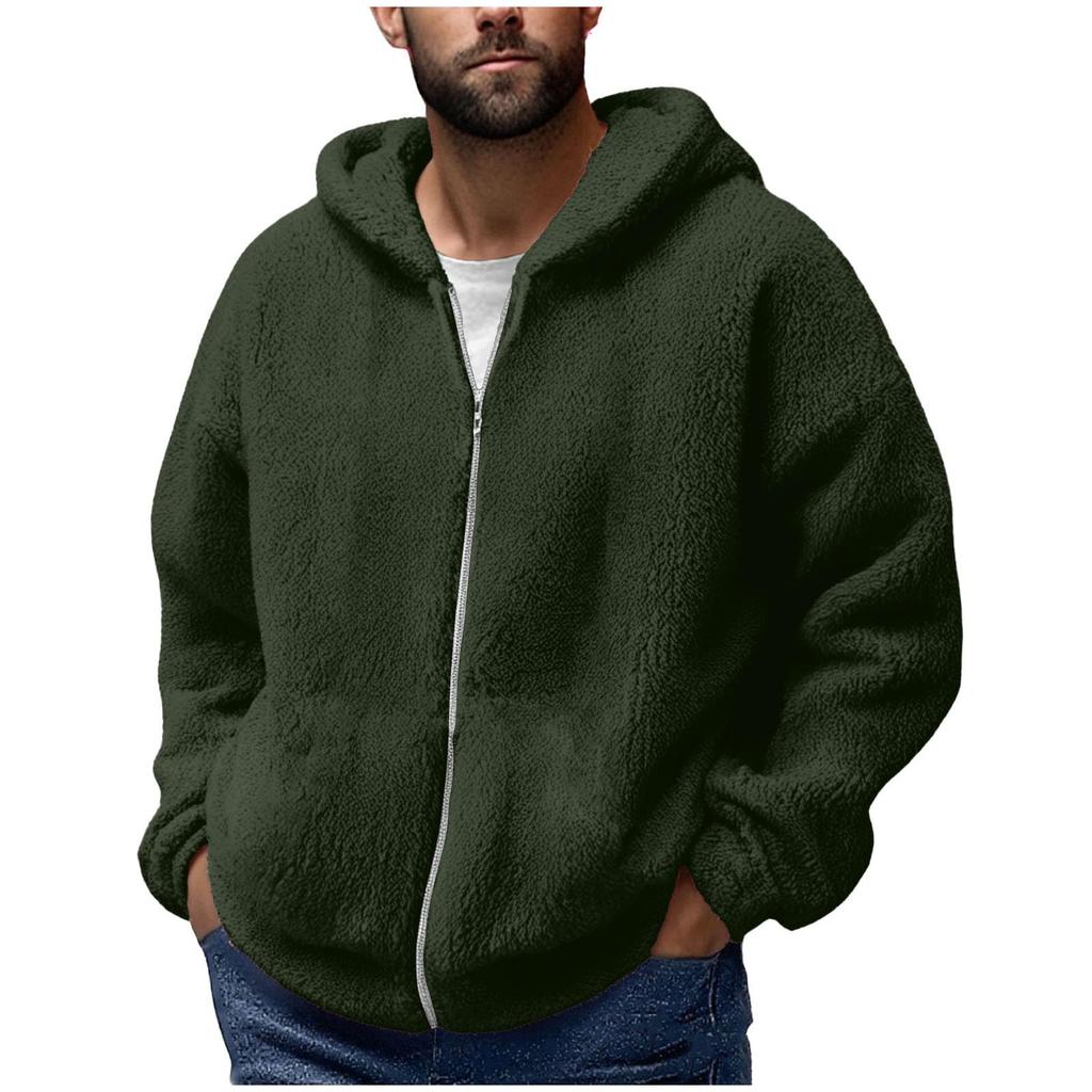 Men'S Winter Zipper Hooded Fleece Sweatshirt With Patch Pocket Casual Jacket