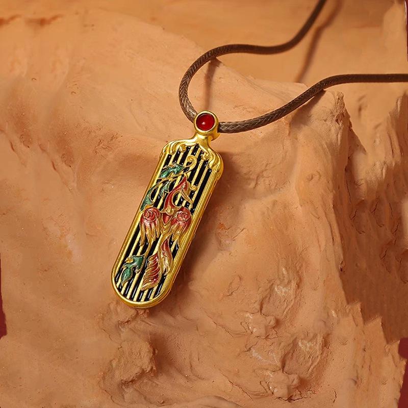 Вьетнамское латунное ожерелье с золотой эмалью: Птица Феникс и Феникс