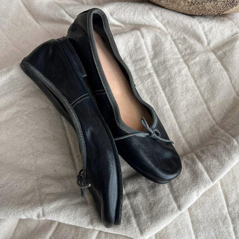 Версия из овчины с юбкой, балетки, бант с круглым носком, туфли из натуральной кожи, ретро туфли-лодочки на плоской подошве для женщин