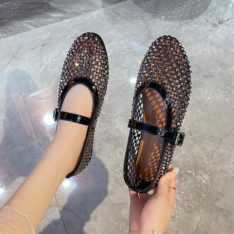 Women Sandals Mesh Breathable Rhinestone Fashion Versatile Sandals Women New Foreign Style Flat Soft Soled Mary Jane Shoes Women