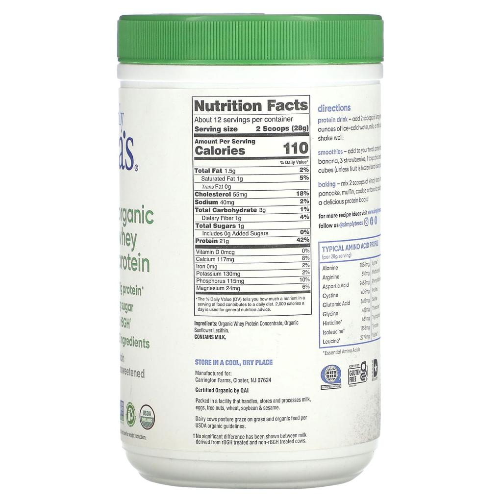Simply Tera's Organic Whey Protein, Plain Unsweetened, 12 Oz (340 G)