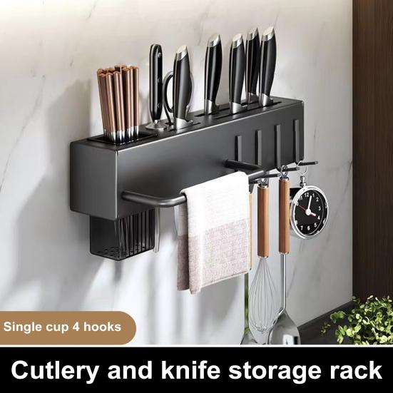 Kitchen Cutlery Holder Wall Mounted Cutter Holder with Hooks Carbon Steel Cutter Storage