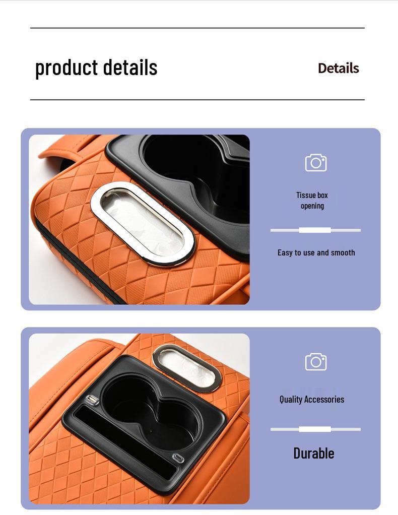 Ромбовидный зарядный подлокотник для автомобиля с кожей наппа, двойным подстаканником, хранилищем и коробкой для салфеток.