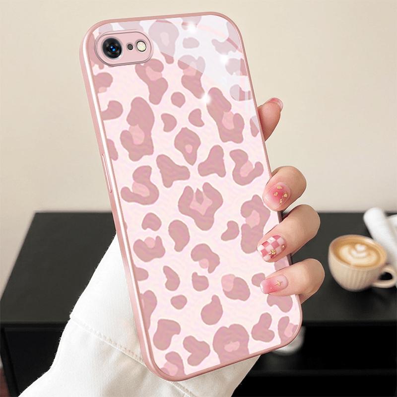 Cute Aesthetic Leopard Pink Metallic Glass Phone Case For iPhone 11 12 13 14 15 16 17 Pro Max Plus 17Air 16E 7 8 Xr XsMAX Cover
