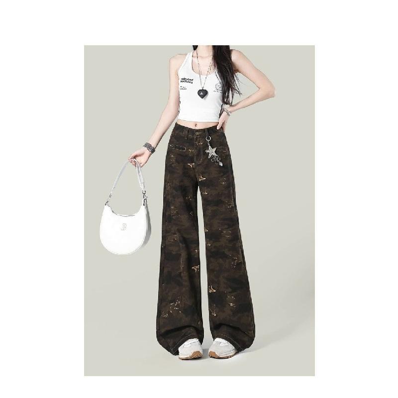 American retro high street camouflage wide-leg jeans for women, trendy high-waisted loose slimming petite floor-length straight pants