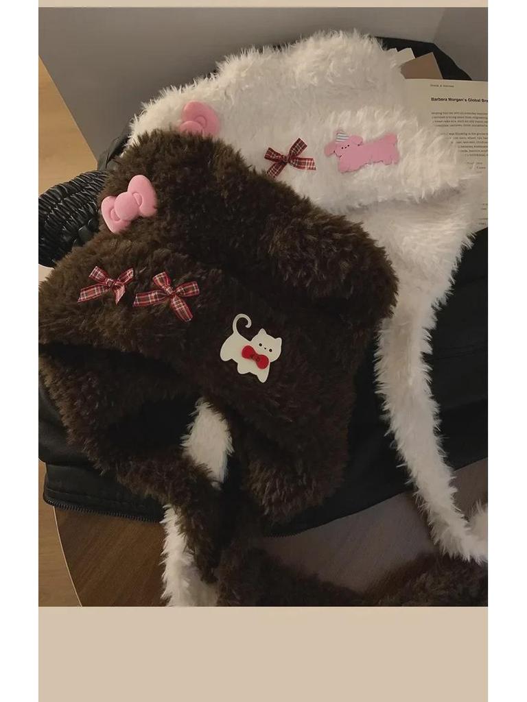 Теплая плюшевая шапка с ушками медведя и кошачьим бантом для женщин – защита ушей на осень/зиму с открытым лицом