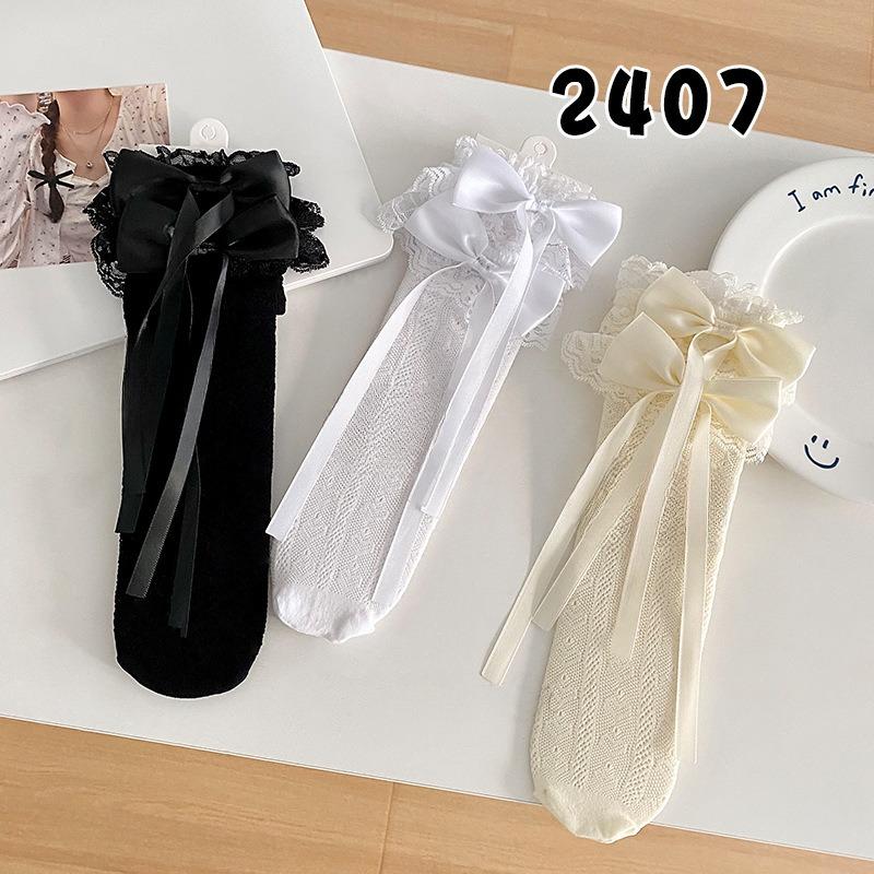 Белые гольфы из телячьей кожи с бантом на лето, тонкие, ажурные, длинные, с лентой и кружевом в стиле лолита до колена