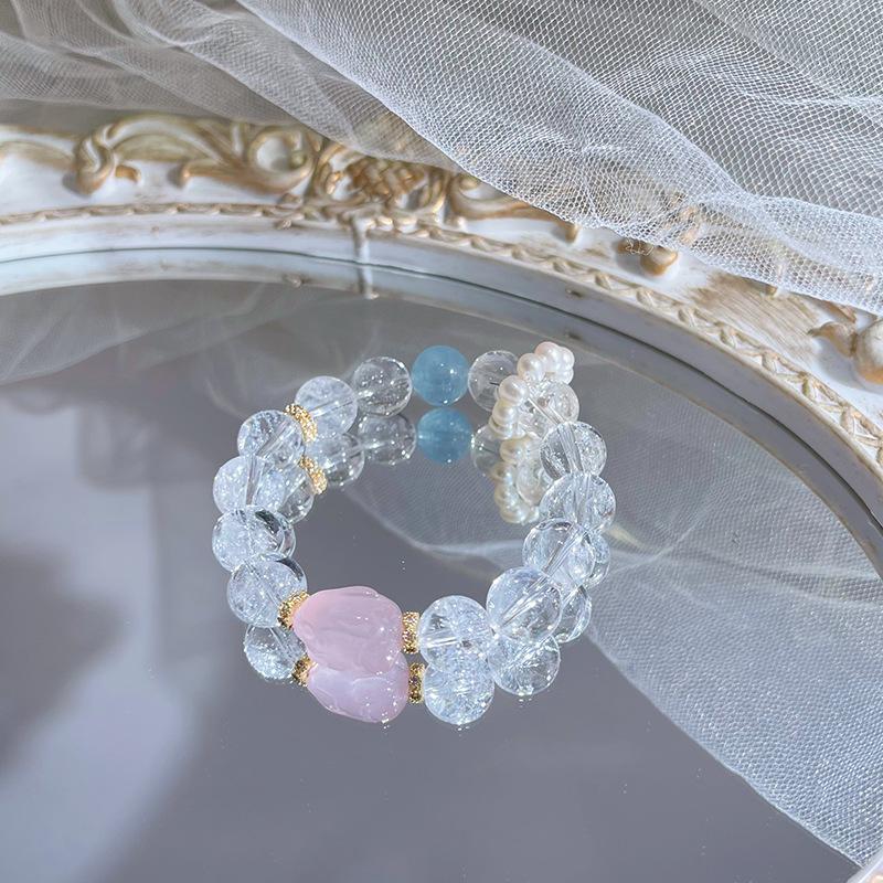 Цяоэнь Аквамарин и Розовый Кварц Белый Азе Крупная Бусина Женский Браслет