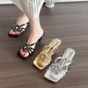 Fashion Rhinestone Flower Women's Slippers Summer New Luxury Fashion Elegant Square Toe Thin High Heels Sandals Women's Shoes Zapatos