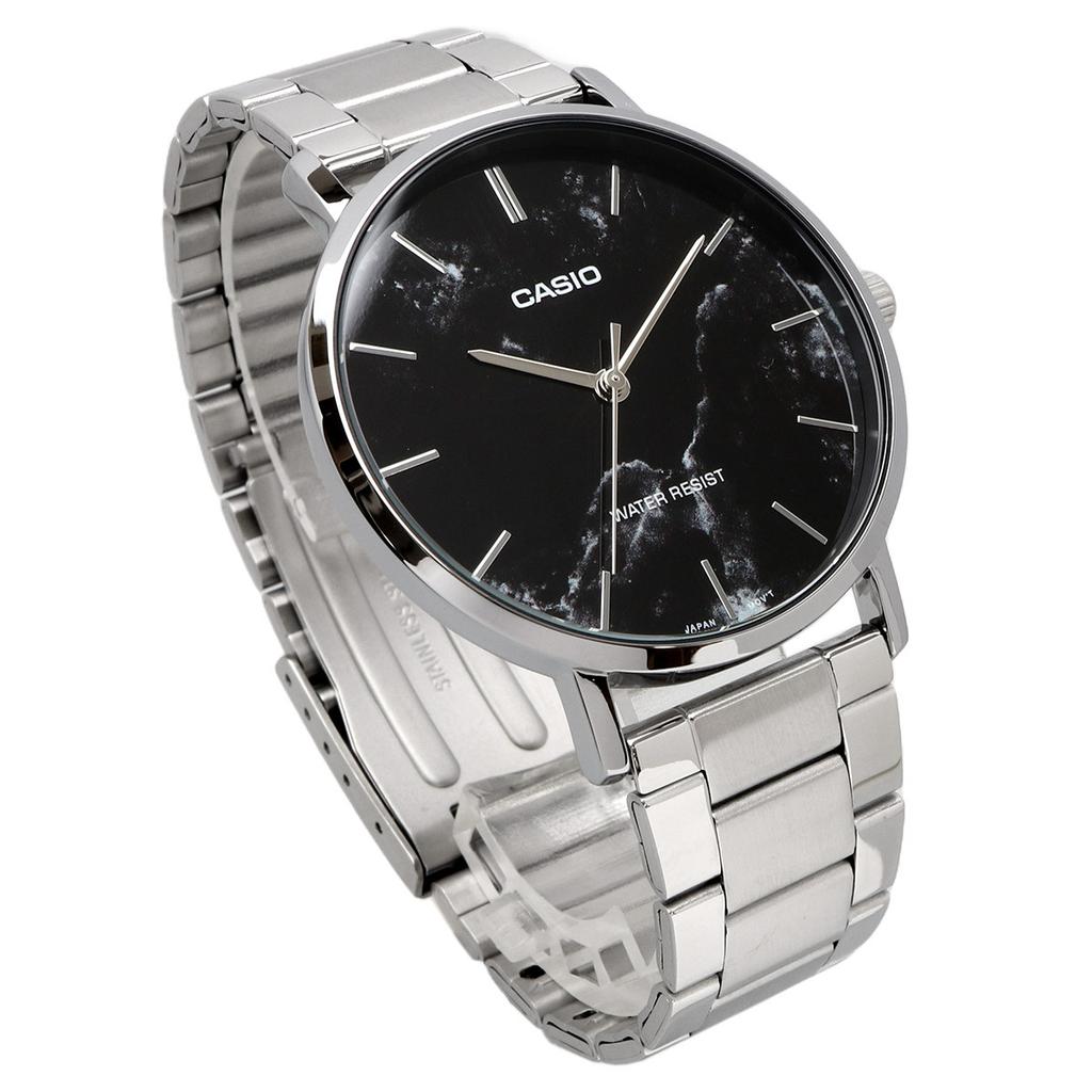 Casio Мужские кварцевые часы MTP-VT01DM-1A с черным мраморным циферблатом и металлическим браслетом (За границей)