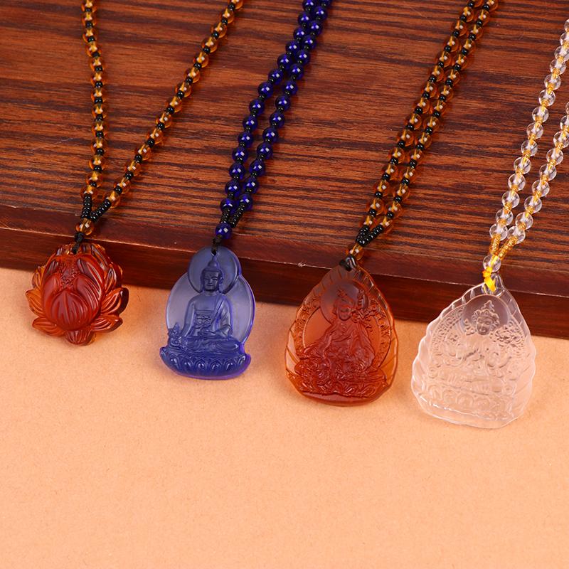 Blue White Gold And Yellow Crystal Carved Buddha Bodhisattva Pendant Necklace Jewelry Charm Aura Amulet Gift For Men Women