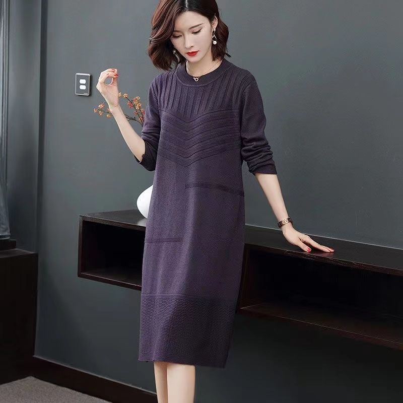 Вязаное платье-свитер до колен для женщин, осенне-зимнее, стильный пуловер средней длины и однотонное вязаное платье-пуловер с длинным рукавом