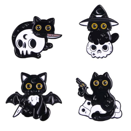 Enamel Craft Brooch Halloween Cartoon Black Cat Skeleton Shape Alloy Badge Compact Size Lapel Pin Easy to Fall Off Accessory
