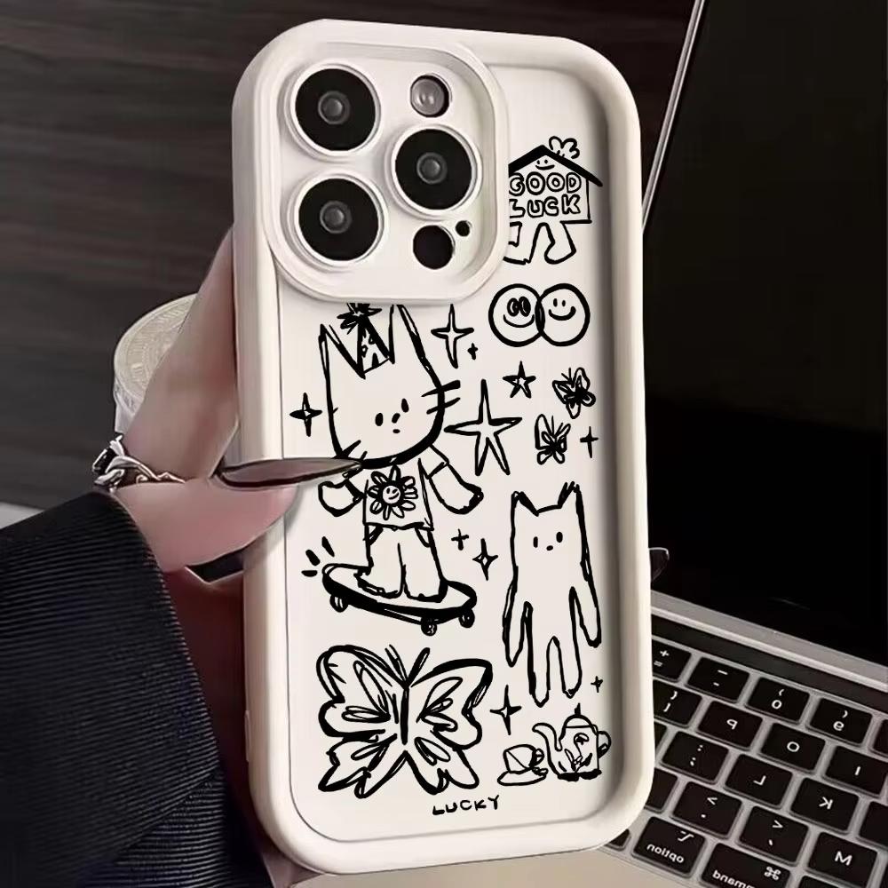 Милый Черный Котёнок Эскиз Кошка Чехол для Телефона Для iPhone 17 Air 16 e 15 14 13 12 11 Pro Max Plus Mini SE 2020 2022 Мягкий ТПУ Задняя Панель