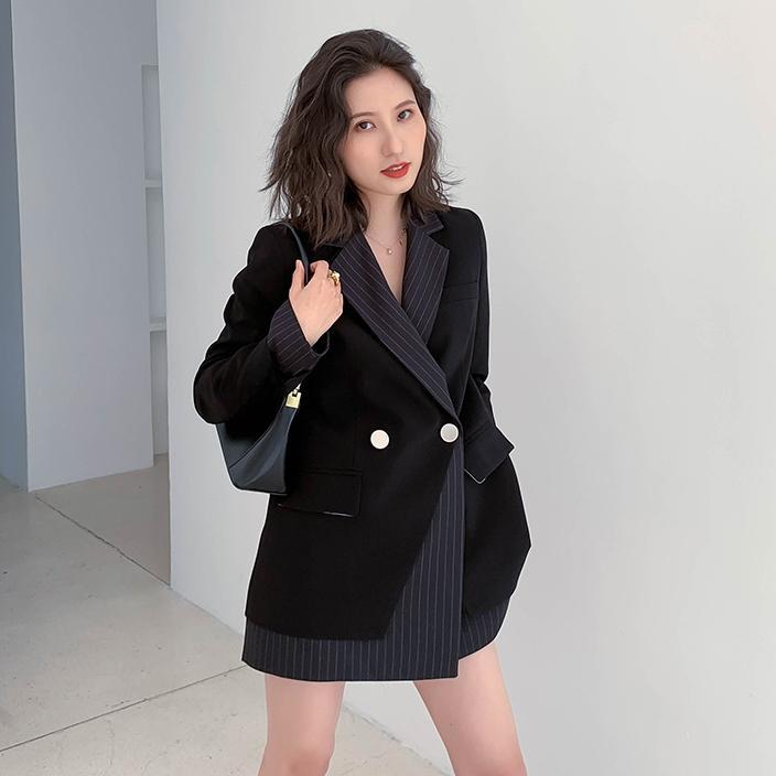 Осенние полосатые вышивки, поддельные женские пальто из двух предметов, модный дизайн, черный пиджак, одежда, повседневная свободная одежда
