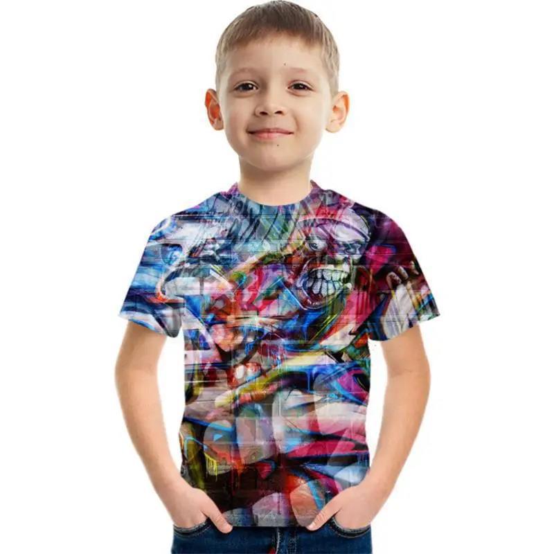 Летний топ с круглым вырезом, 3D геометрическим граффити-принтом, модный, повседневный, с коротким рукавом, детская футболка для мальчика
