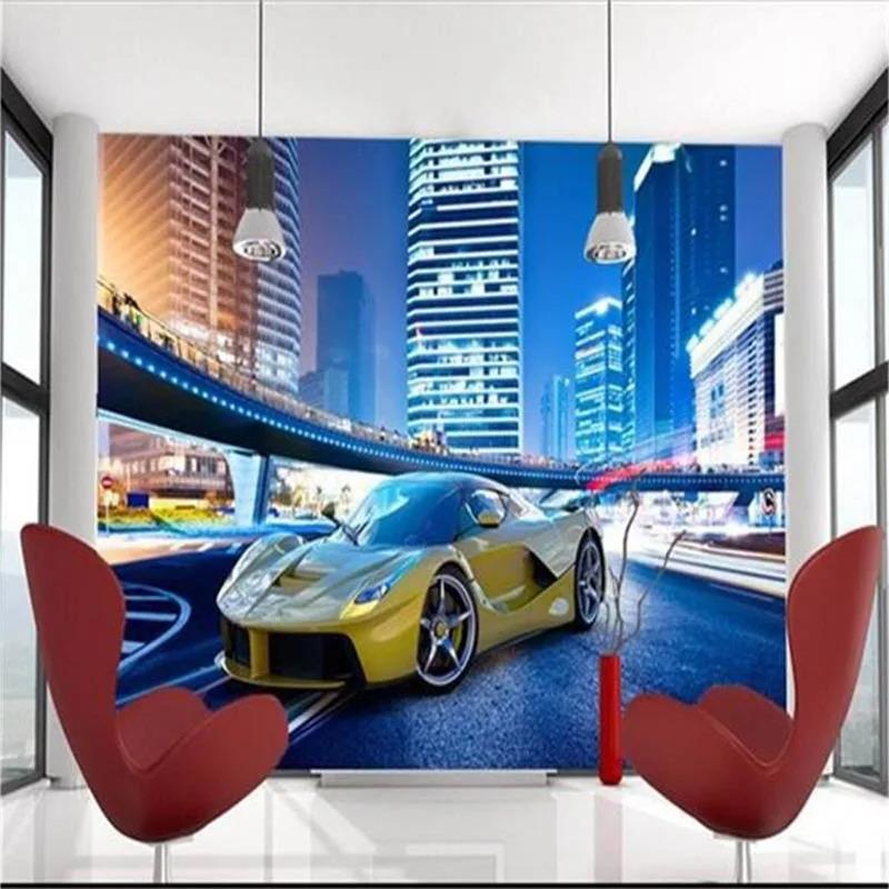 Желтый автомобиль обои Город Ночной пейзаж 3d фреска Современный ресторан Клубы Бар Интерьер Обои Декор