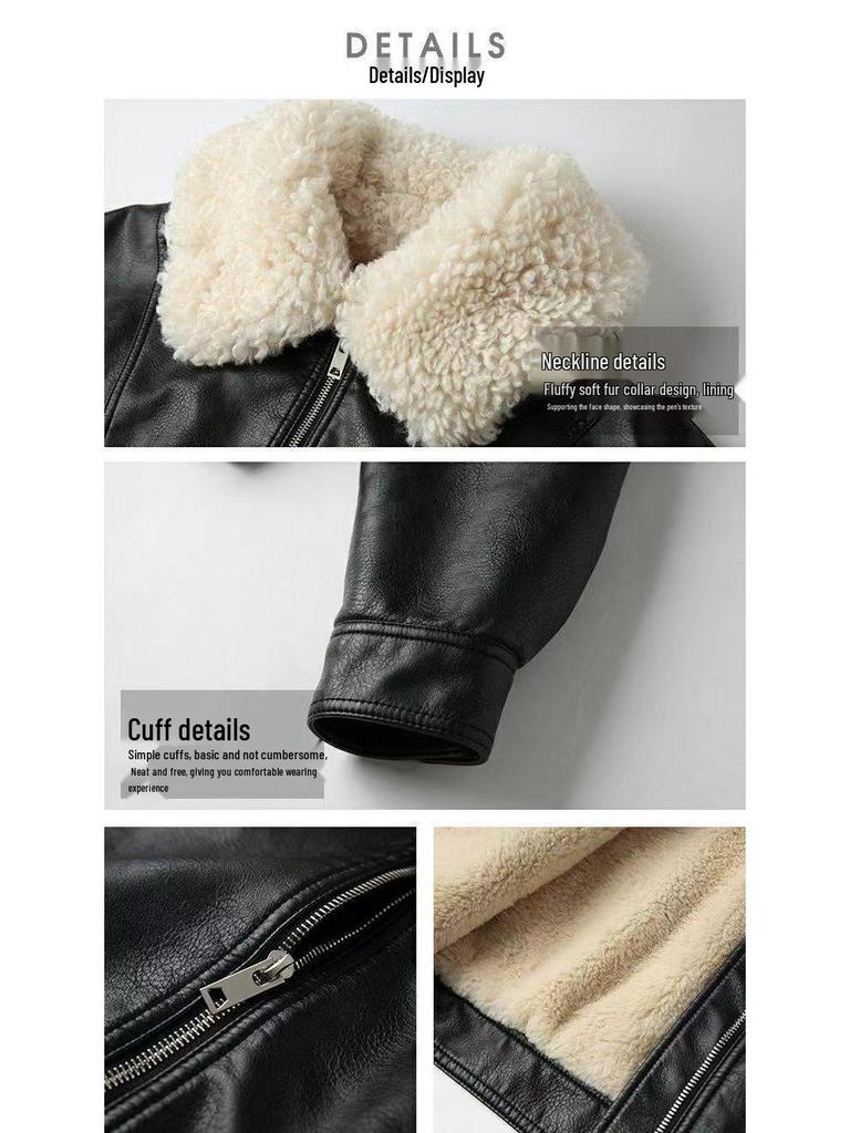 Женское ретро черное кожаное пальто с воротником из овчины - осенне-зимняя флисовая мотокуртка