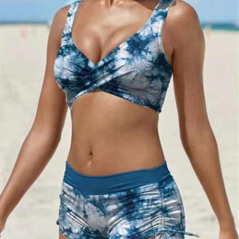 Женский сексуальный купальник из двух частей в европейском и американском стиле, зашнурованный сзади топ с завязками по бокам, шорты-боксеры, комплект купальников, однотонный купальный костюм танкини с принтом