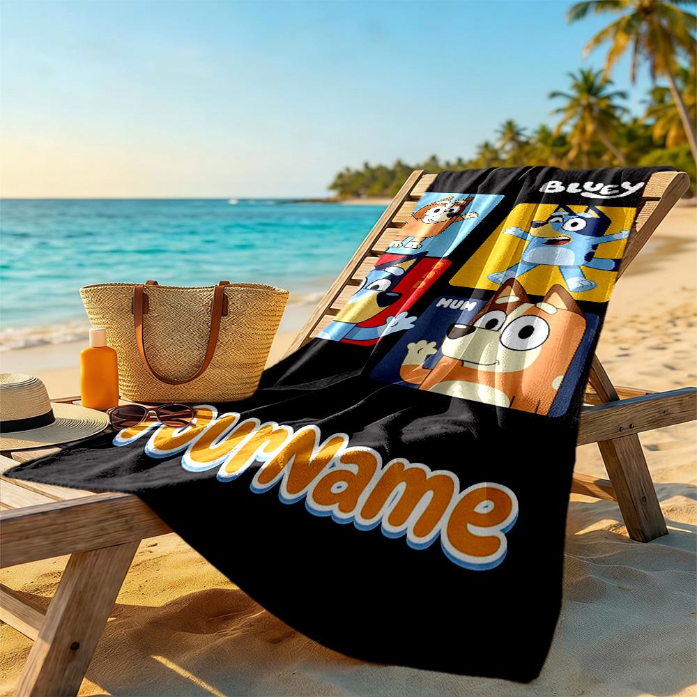 Bluey Customize Text Beach Towel Soft Durable Quick-Dry Ideal for Travel Outdoor Swim Pool Yoga Surf Camping Hiking Gym Gift Holiday