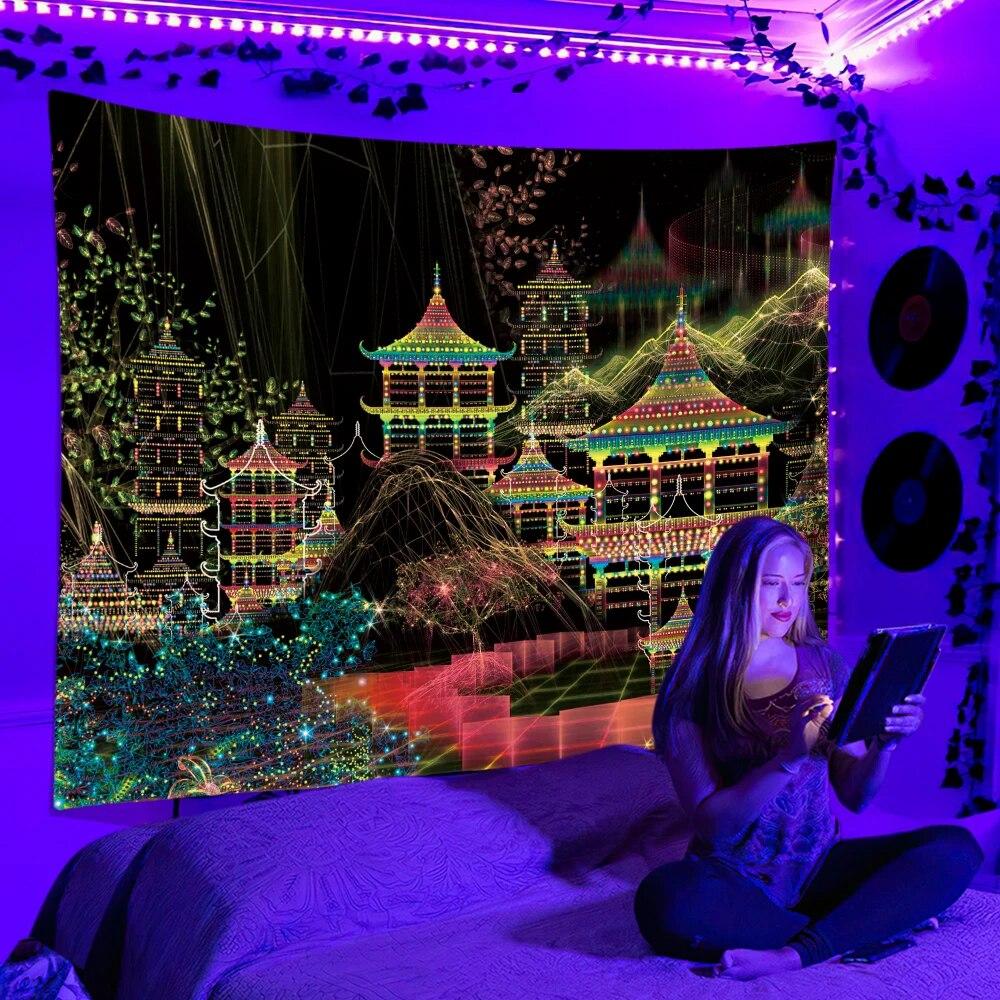 Флуоресцентный гобелен, УФ-реакция, психоделический, настенный, хиппи, диджей, украшение для спальни, отдельное помещение