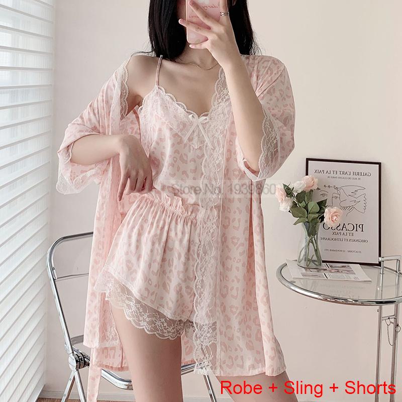 Ladies Pajama Set Summer Silk Kimono Robe Print Leopard Print 3 Piece Sleeping Set Camisole Shorts Lace Pajamas