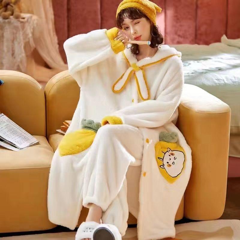 Пижама женская осень/зима фланелевая флисовая плотная ночная рубашка длинная милая коралловая флисовая домашняя одежда комплект можно носить на улице удобно
