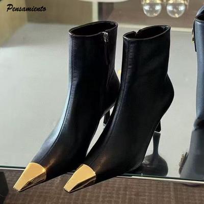 Модный стиль звезды Модные металлические квадратные носки Кожаные женские ботильоны Элегантные осенне-зимние Тонкие высокие каблуки Короткие ботинки челси Обувь