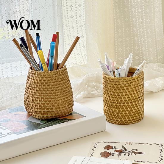 Pencil Organizer Faux Rattan Pen Holder, Woven Style Makeup Brush Boho Holder Desktop Organizer, Multi-functional Resin Cup for Home Office