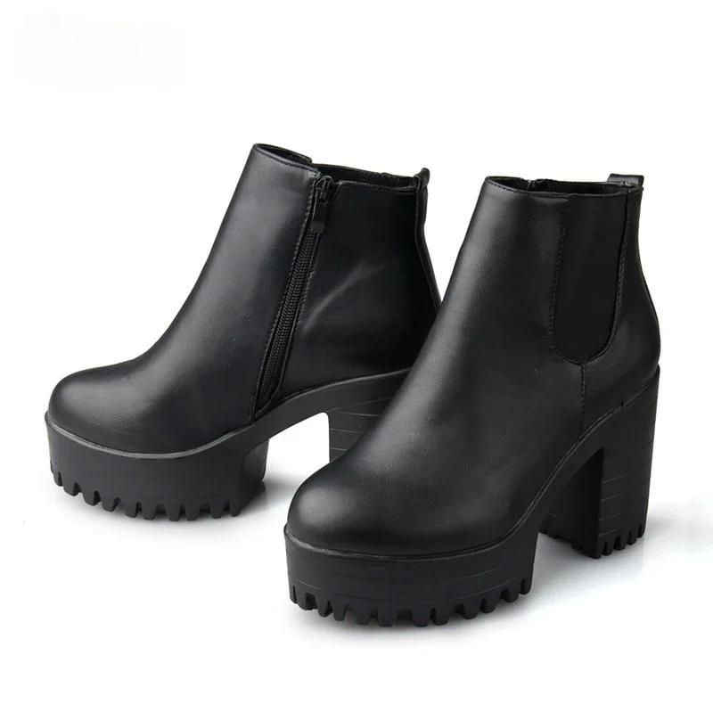 Botas Mujer Модные женские сапоги на квадратном каблуке и платформе Zapatos Mujer из искусственной кожи, высокие сапоги-лодочки, обувь для мотоциклистов
