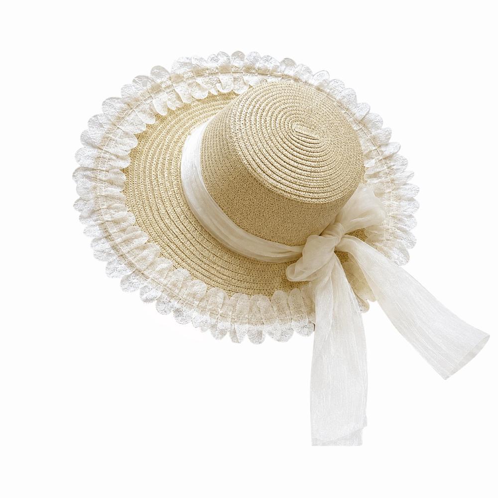 Flower Straw Hat Big Bowknot Wide Brim Hat Lolita Sun Protection Hat Seaside Vacation