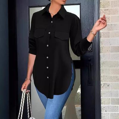 Однотонная приталенная женская рубашка с длинным рукавом и лацканами