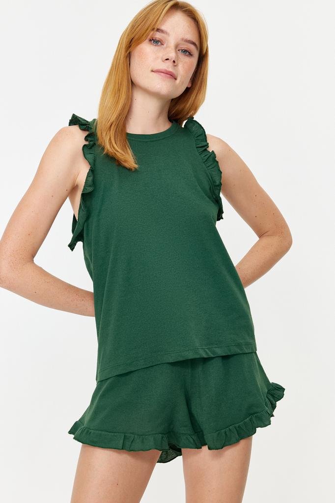 Women's Fashion New Pajama Set Emerald Green 100% Cotton Ruffle Detailed Tank Top-Shorts Knitted Pajama Set