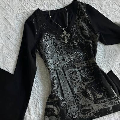 VAYLA Винтажные готические футболки Y2k Черная панк-футболка с графикой Гранж Ретро Сексуальные футболки с V-образным вырезом Хлопковые футболки Aefashion одежда Харадзюку Топ