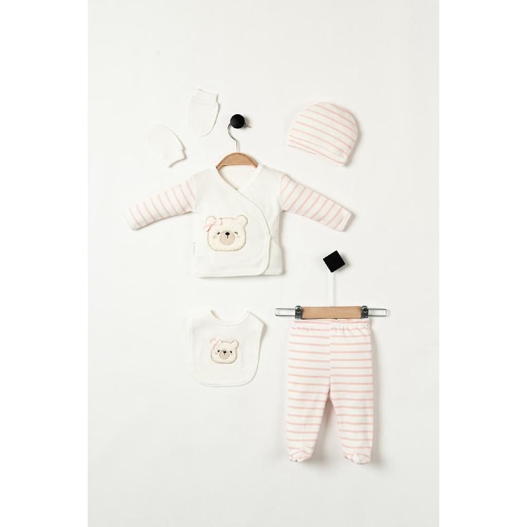 (boxed) Suzene With Teddy Bear Embroidered 100% Cotton Newborn Clothes 5-piece Hospital Bodysuit Set
