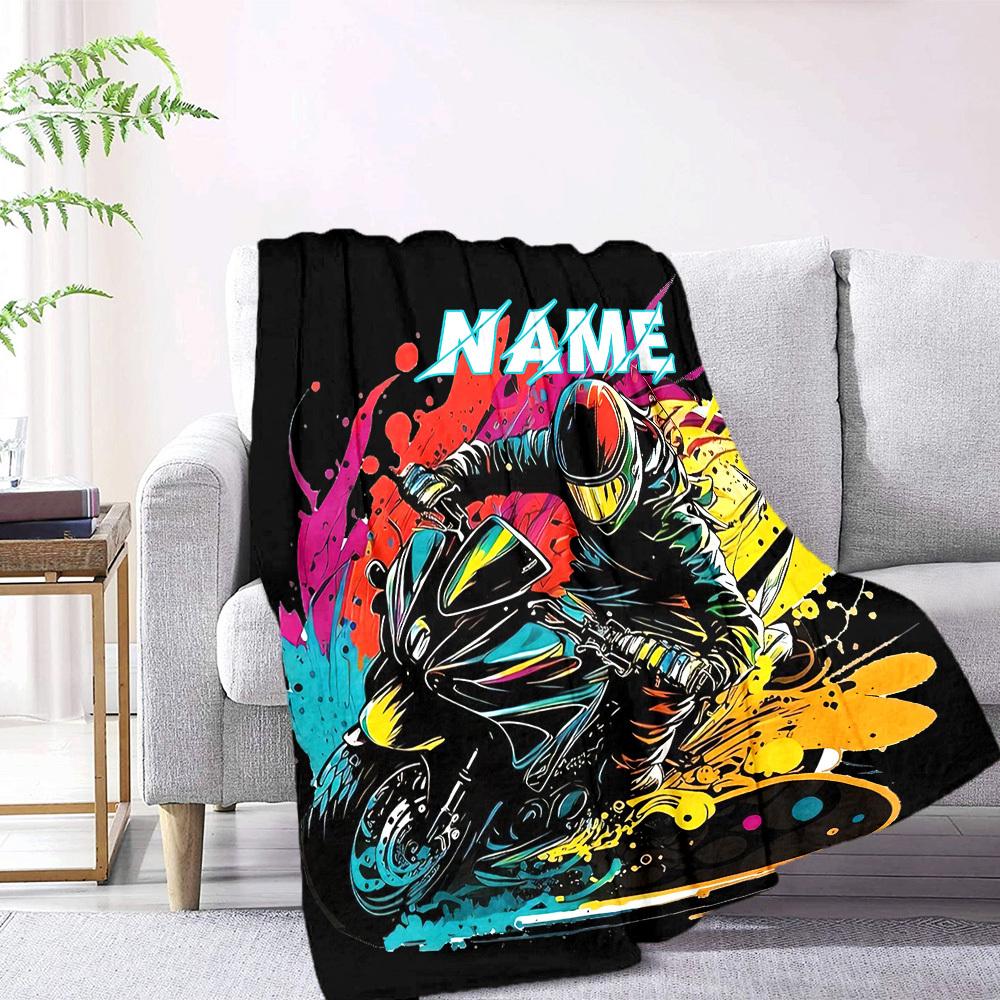 Motorcycle Rider Home Customize Your Name Blankets Comfortable Soft Lightweight For Picnics Sofas Office Bed Living Room Perfect Gifts For Friends'